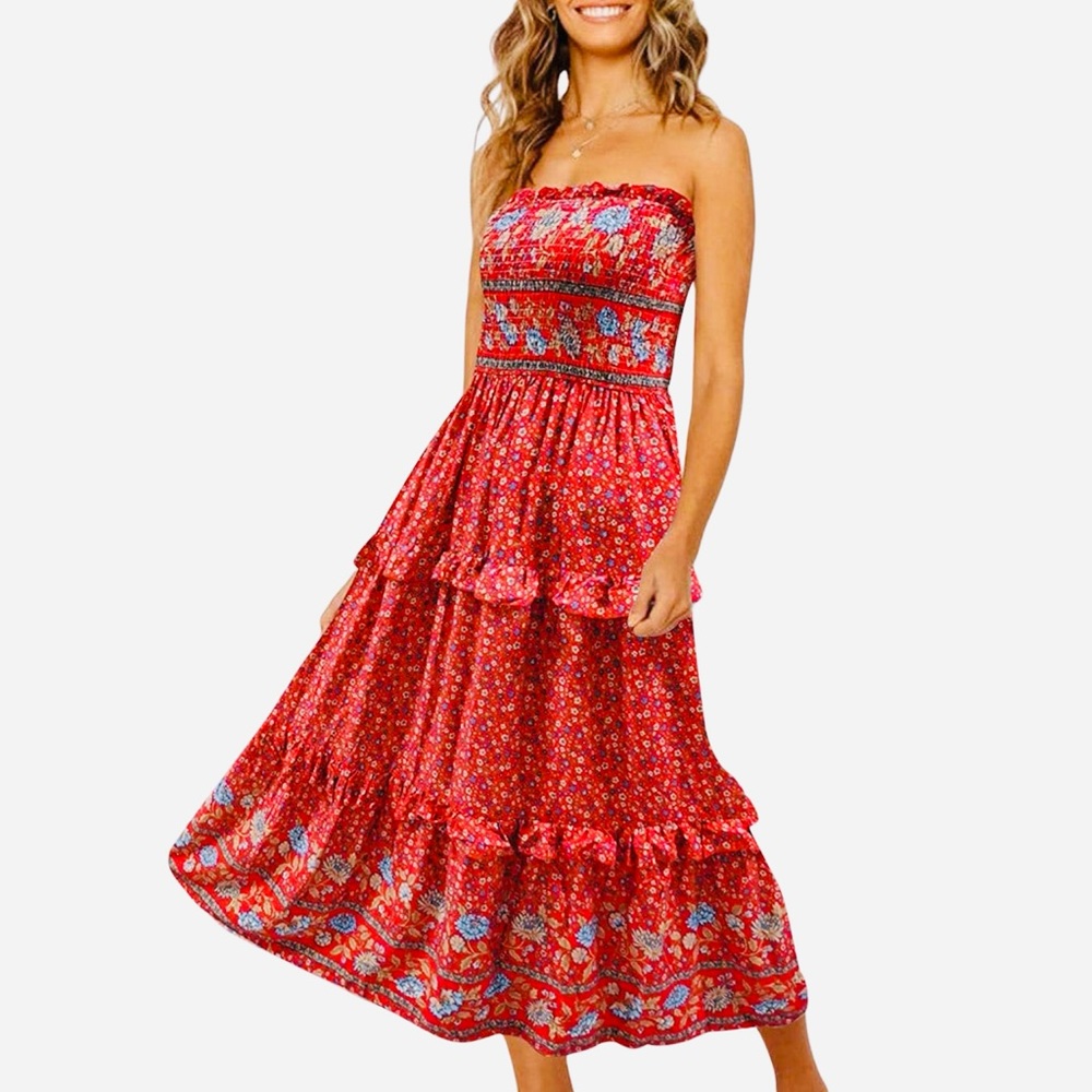 Zesica Vibrant Strapless Ditsy Floral Ruffle Flowy Boho Dress - Small - Red